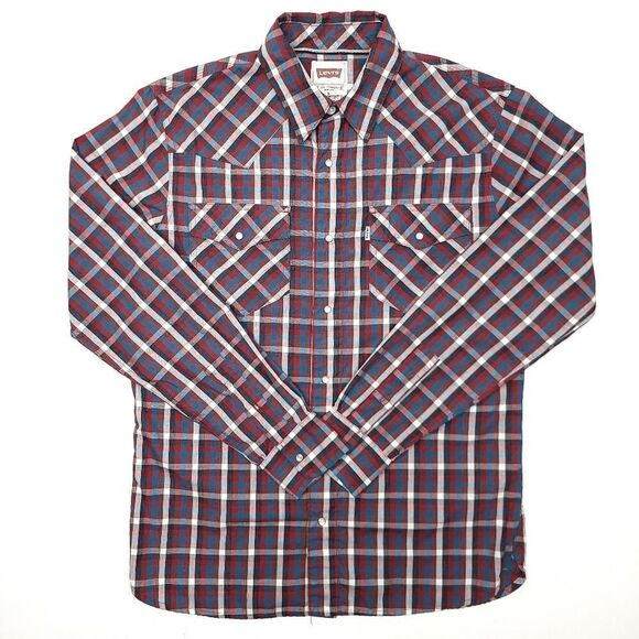 Levis Pearl Snap Western Plaid Button Shirt Mens Small Red Blue USA Rodeo - Picture 1 of 7